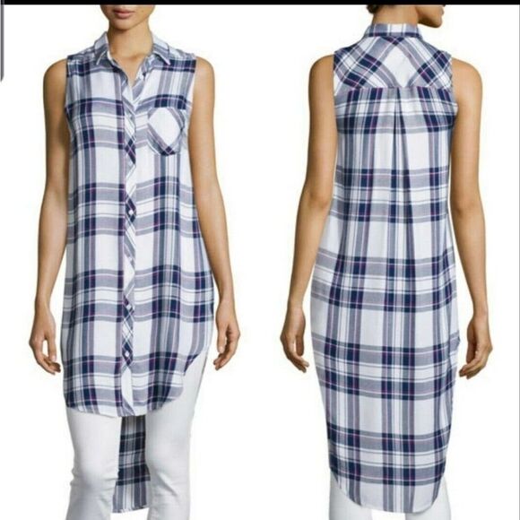 Rails Jordyn Plaid Split Tunic Tank Top Button Up Hi Low NWOT White Navy Orchid - Picture 1 of 12